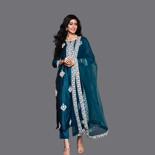 Women’s Teal Green & White Embroidered Sequinned Kurta Set with Trousers & Dupatta