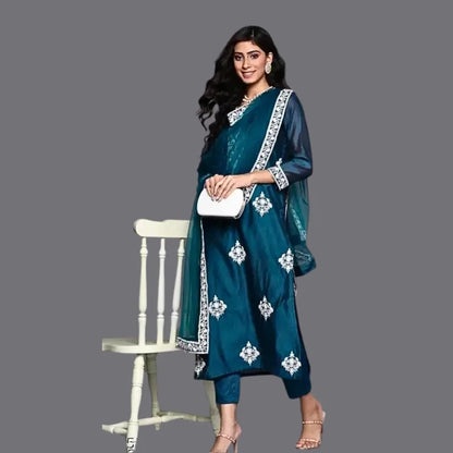 Women’s Teal Green & White Embroidered Sequinned Kurta Set with Trousers & Dupatta