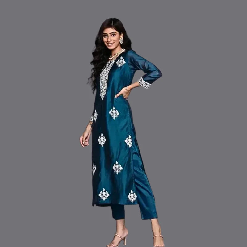 Women’s Teal Green & White Embroidered Sequinned Kurta Set with Trousers & Dupatta